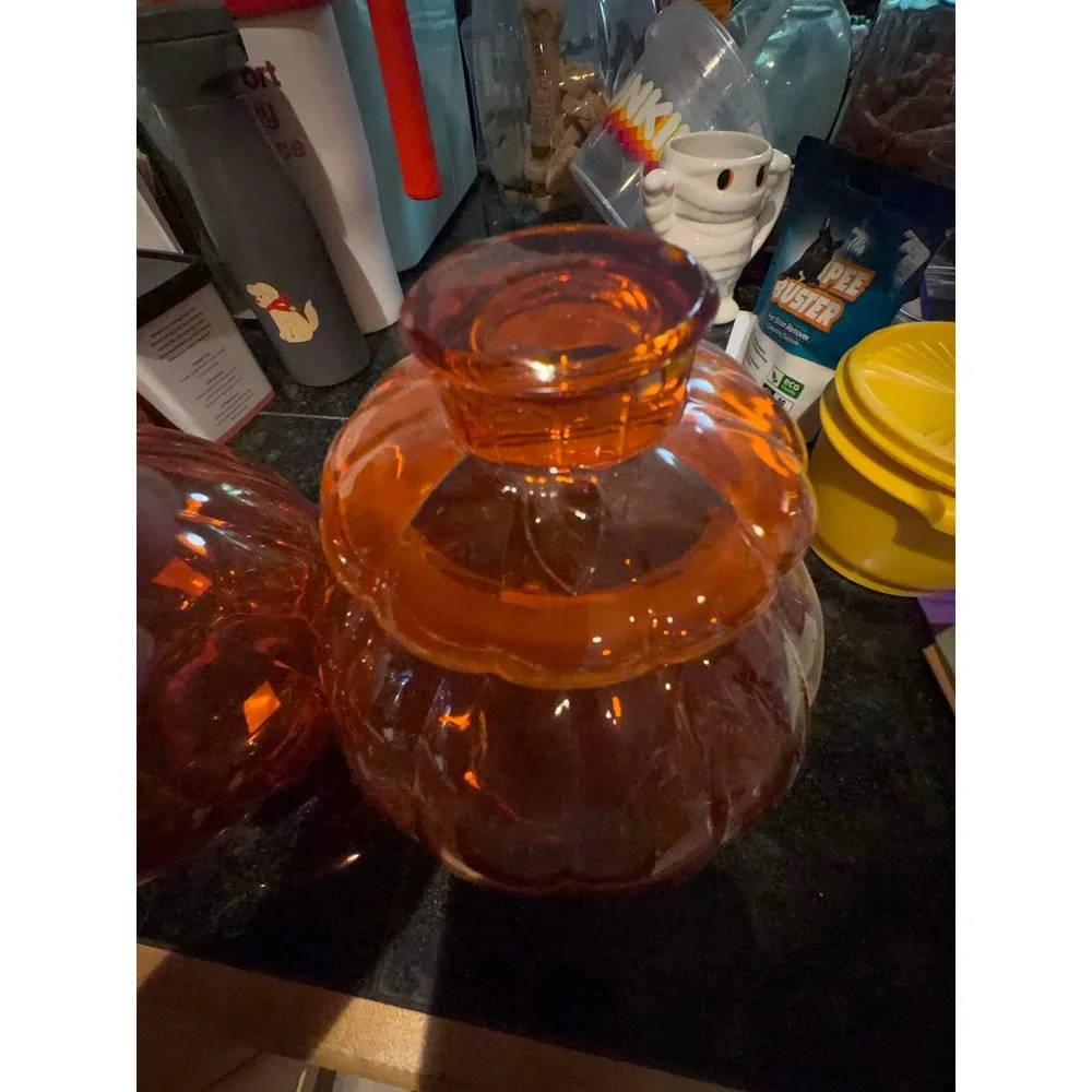 Anchor Hocking Vintage Amber Glass Pumpkin Jars Set of 2 Fall Decor Canisters